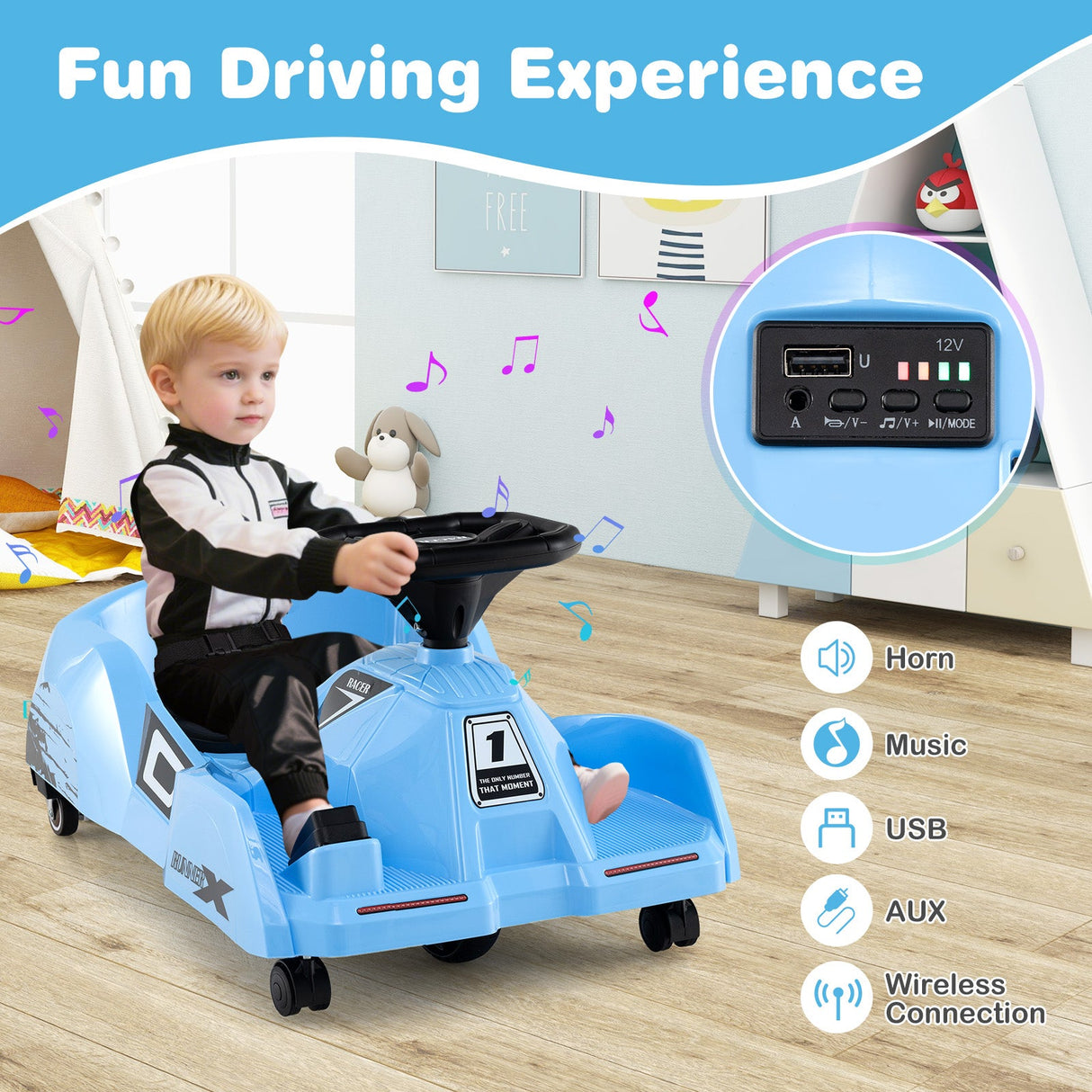 Go Kart eléctrico de limpieza de 12 V con mopa desmontable y control remoto