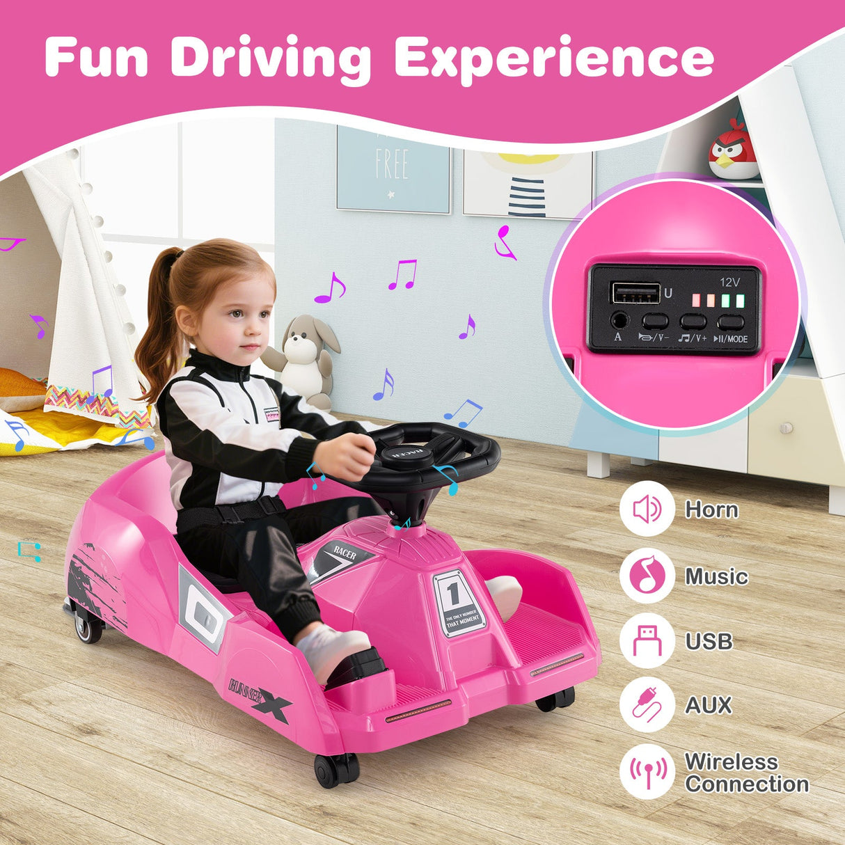 Go Kart eléctrico de limpieza de 12 V con mopa desmontable y control remoto