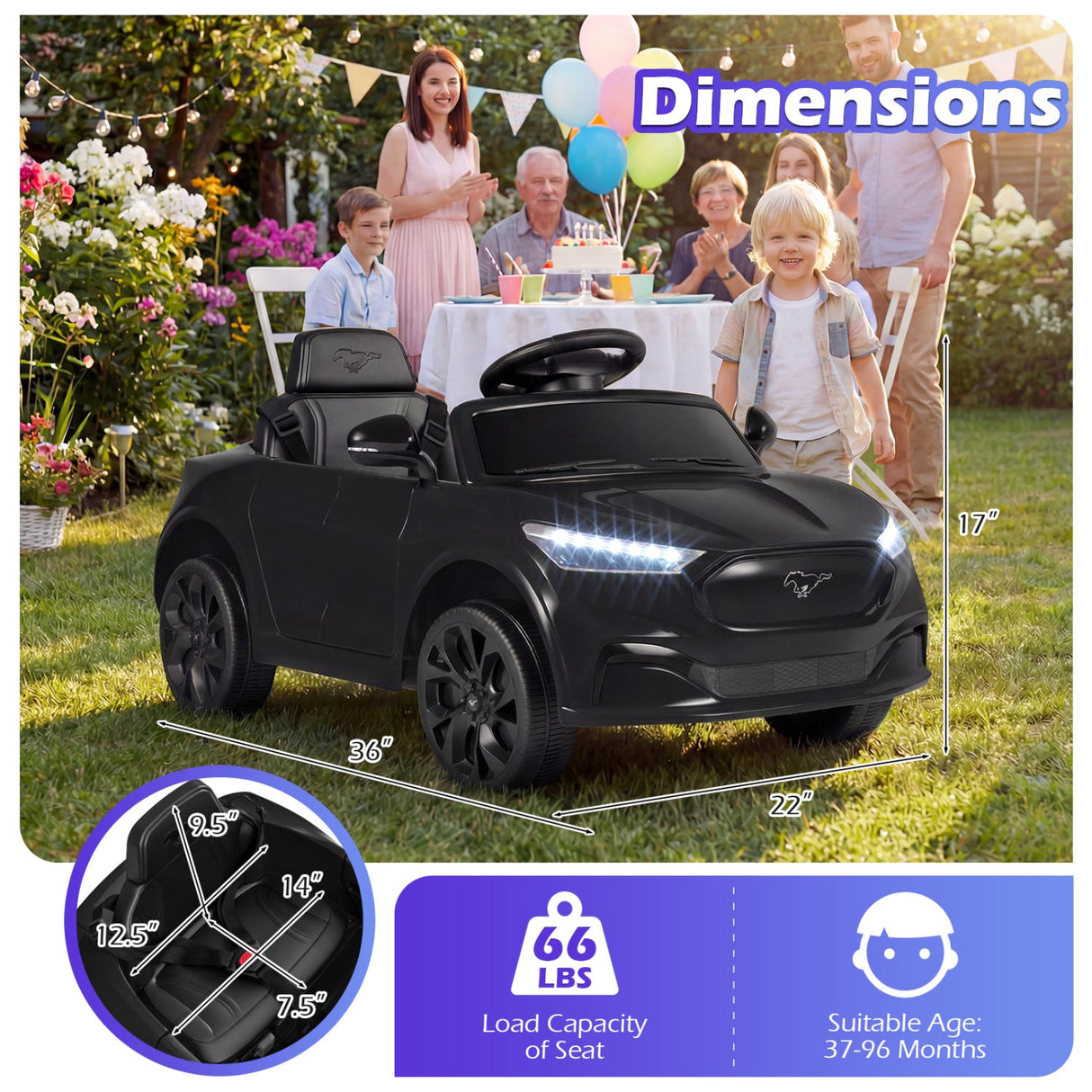 Coche eléctrico infantil 12V Ford Mach E con licencia, control parental y bocina
