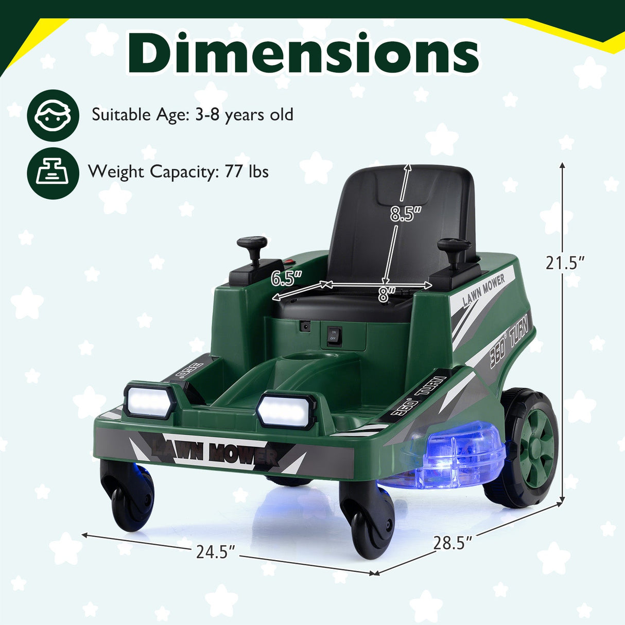 Cortacésped de 12 V para niños con joysticks de doble control y luces LED