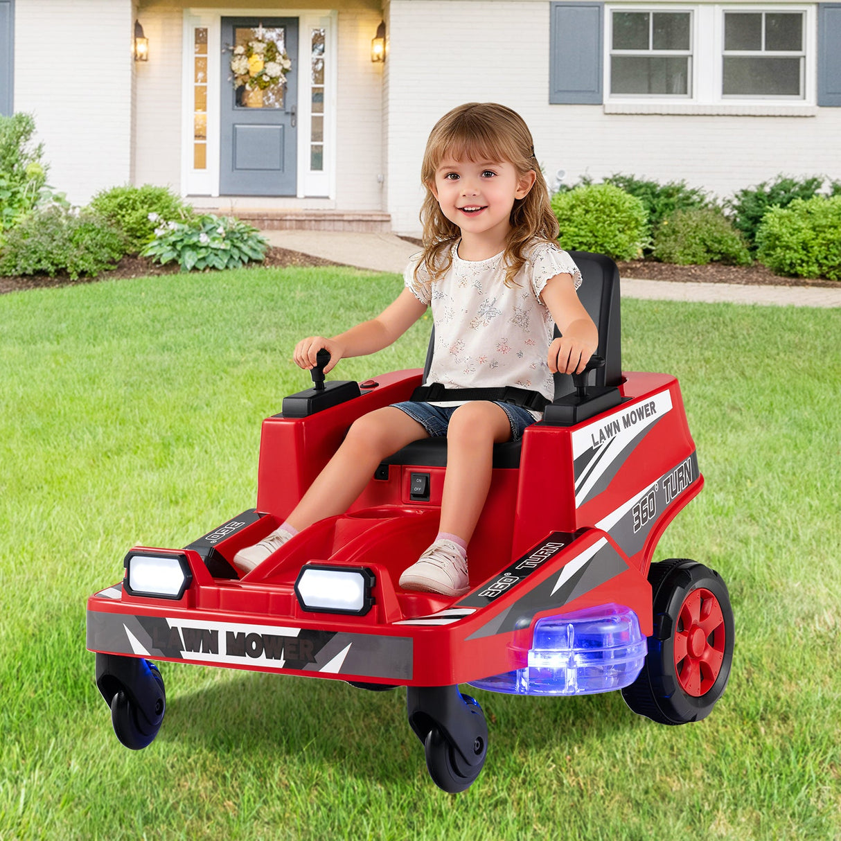 Cortacésped de 12 V para niños con joysticks de doble control y luces LED