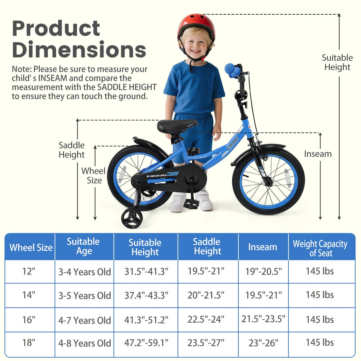 Bicicleta infantil de 12/14/16/18 pulgadas con ruedas de entrenamiento extraíbles y asiento ajustable para niños de 3 a 8 años, azul marino