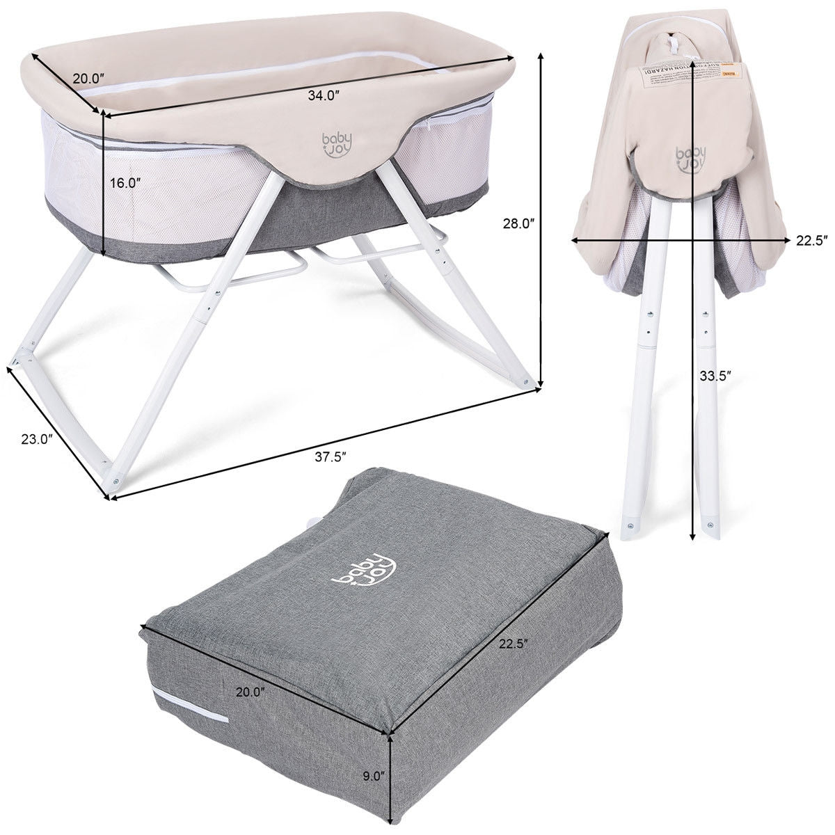 Moisés de bebé balancín portátil plegable para recién nacidos - Gris
