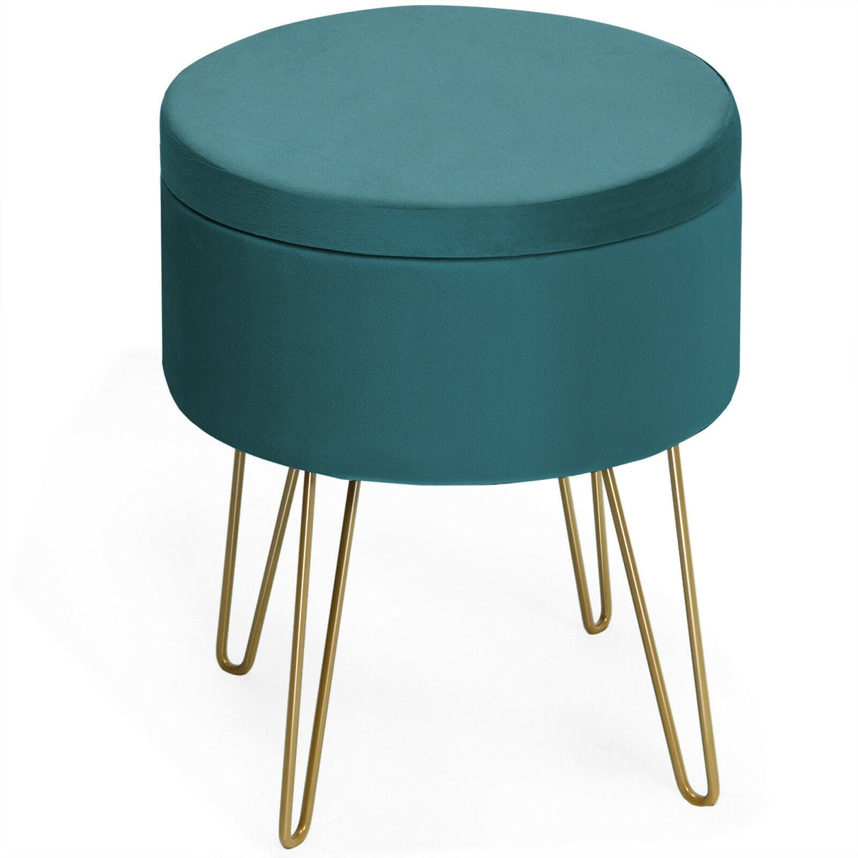 Taburete otomano redondo de terciopelo con almacenamiento, reposapiés, silla de tocador con patas de metal