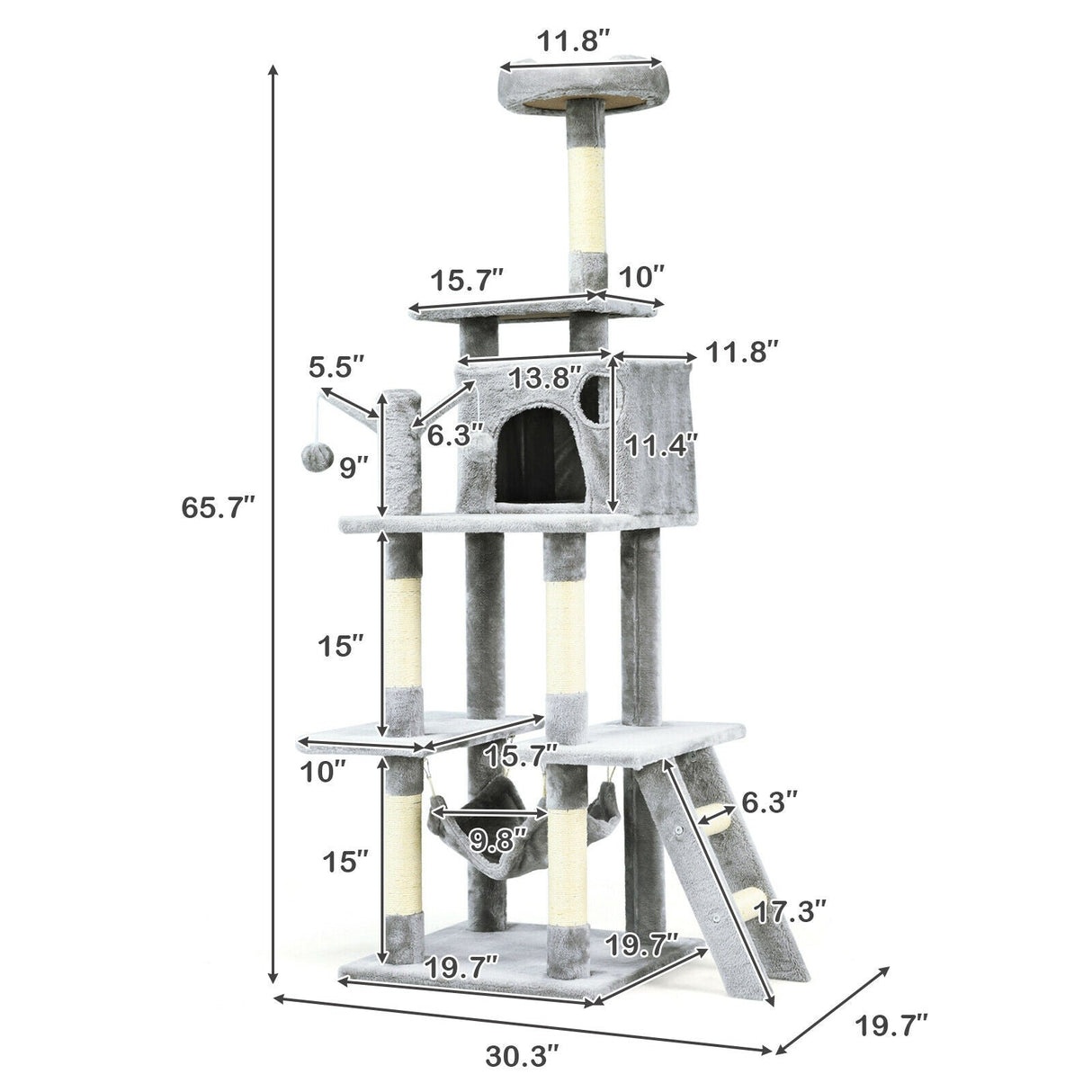Árbol para gatos de 66 pulgadas, condominio, centro de actividades multinivel para gatitos - Gris