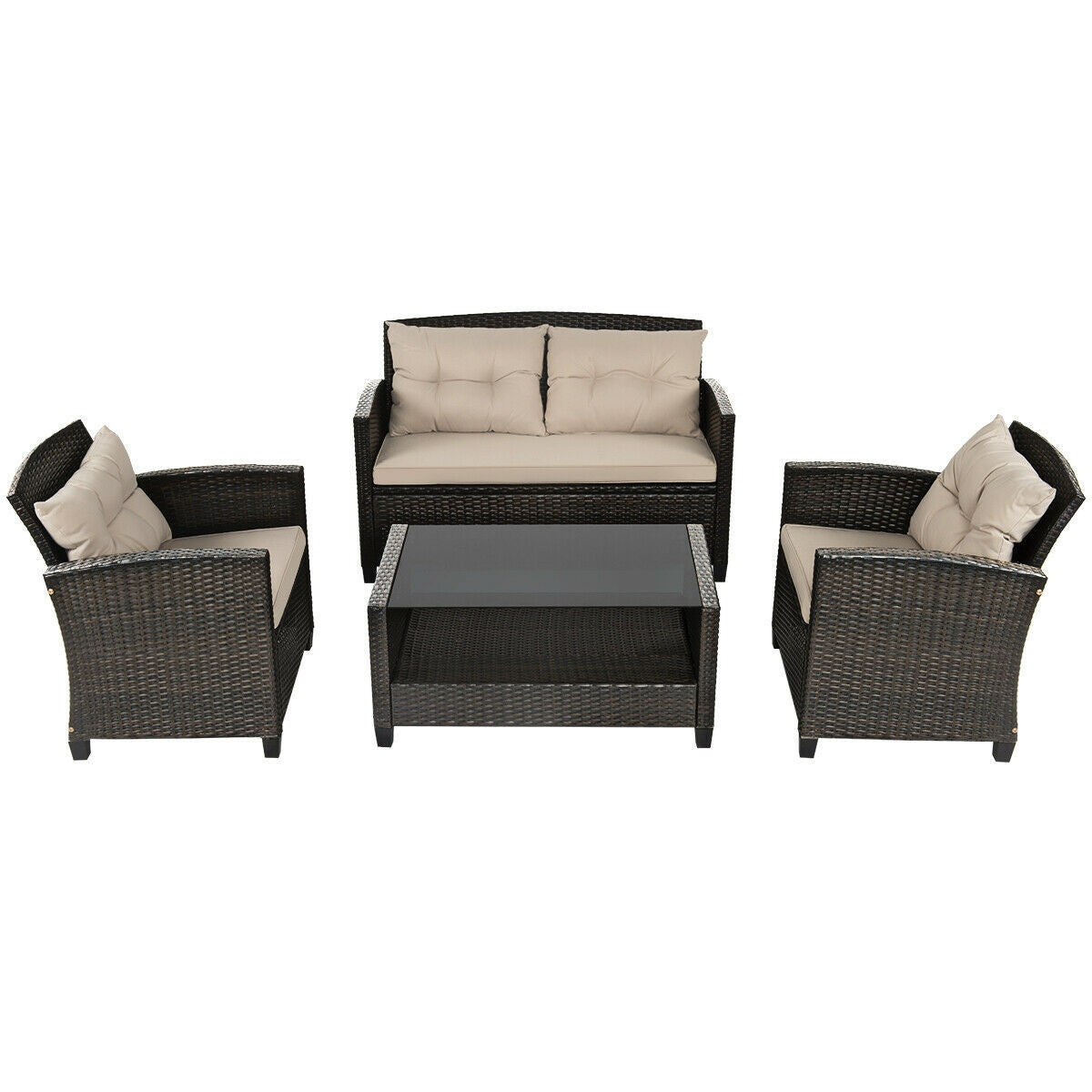 Juego de muebles de ratán para exterior de 4 piezas con mesa de cristal