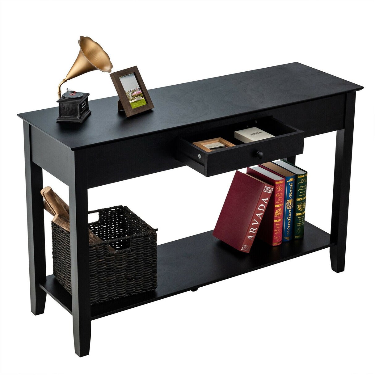 Mesa Auxiliar de Sofá Consola con Cajón y Estante - Negra