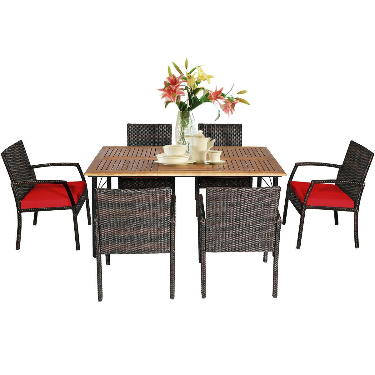 Juego de comedor de ratán acolchado de 7 piezas para patio con agujero para sombrilla