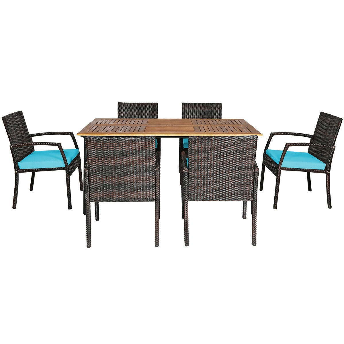 Juego de comedor de ratán acolchado de 7 piezas para patio con agujero para sombrilla