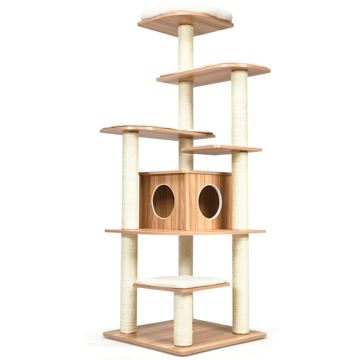 Árbol para gatos de madera de 7 niveles, torre alta para gatos con postes de sisal y condominio