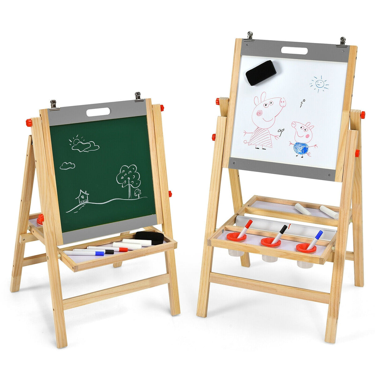 Caballete de arte para niños con rollo de papel, pizarra de doble cara y pizarra blanca-Gris