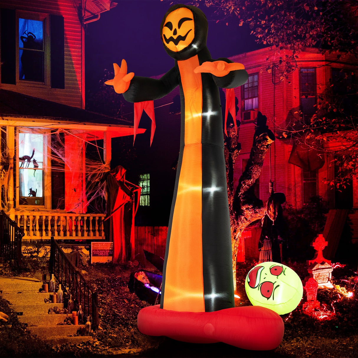 Fantasma inflable de la Parca de 12 pies con luces LED incorporadas y calavera terrorífica