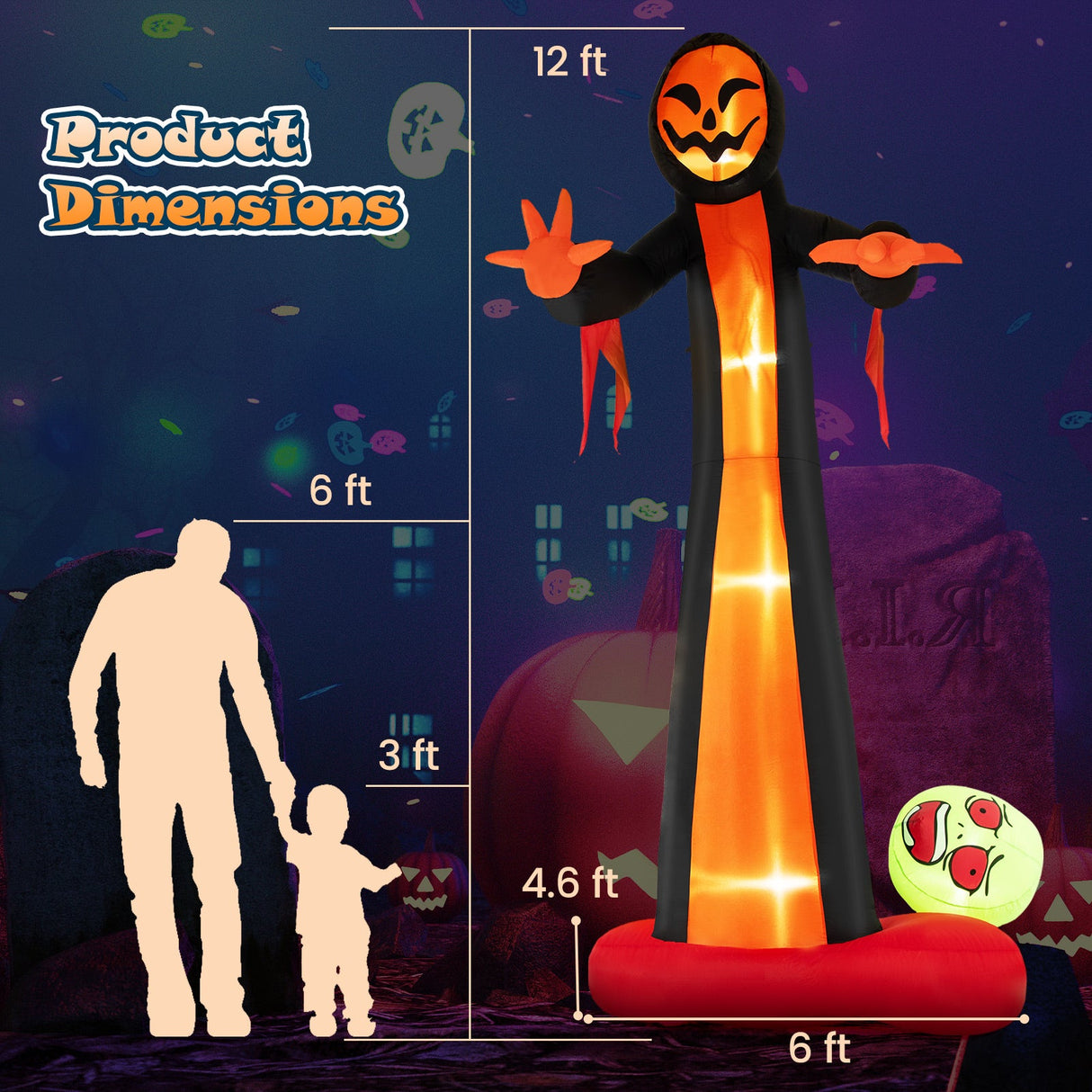 Fantasma inflable de la Parca de 12 pies con luces LED incorporadas y calavera terrorífica