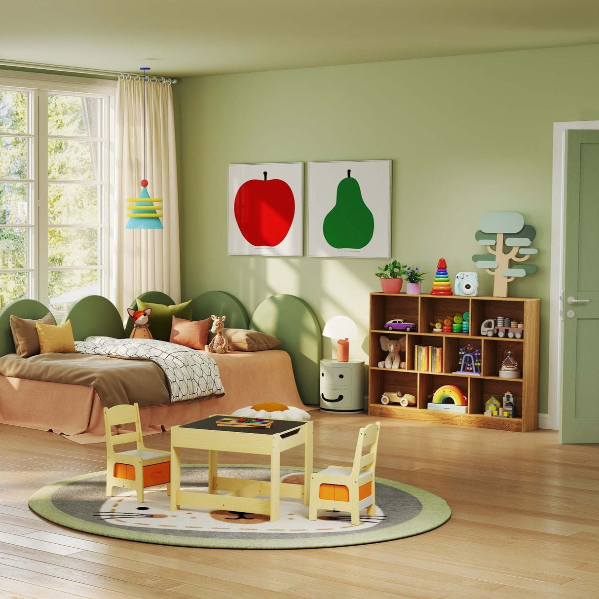 Muebles infantiles 3 en 1: Juego de mesa y sillas infantiles + Estantería + Juegos de cocina infantiles blancos