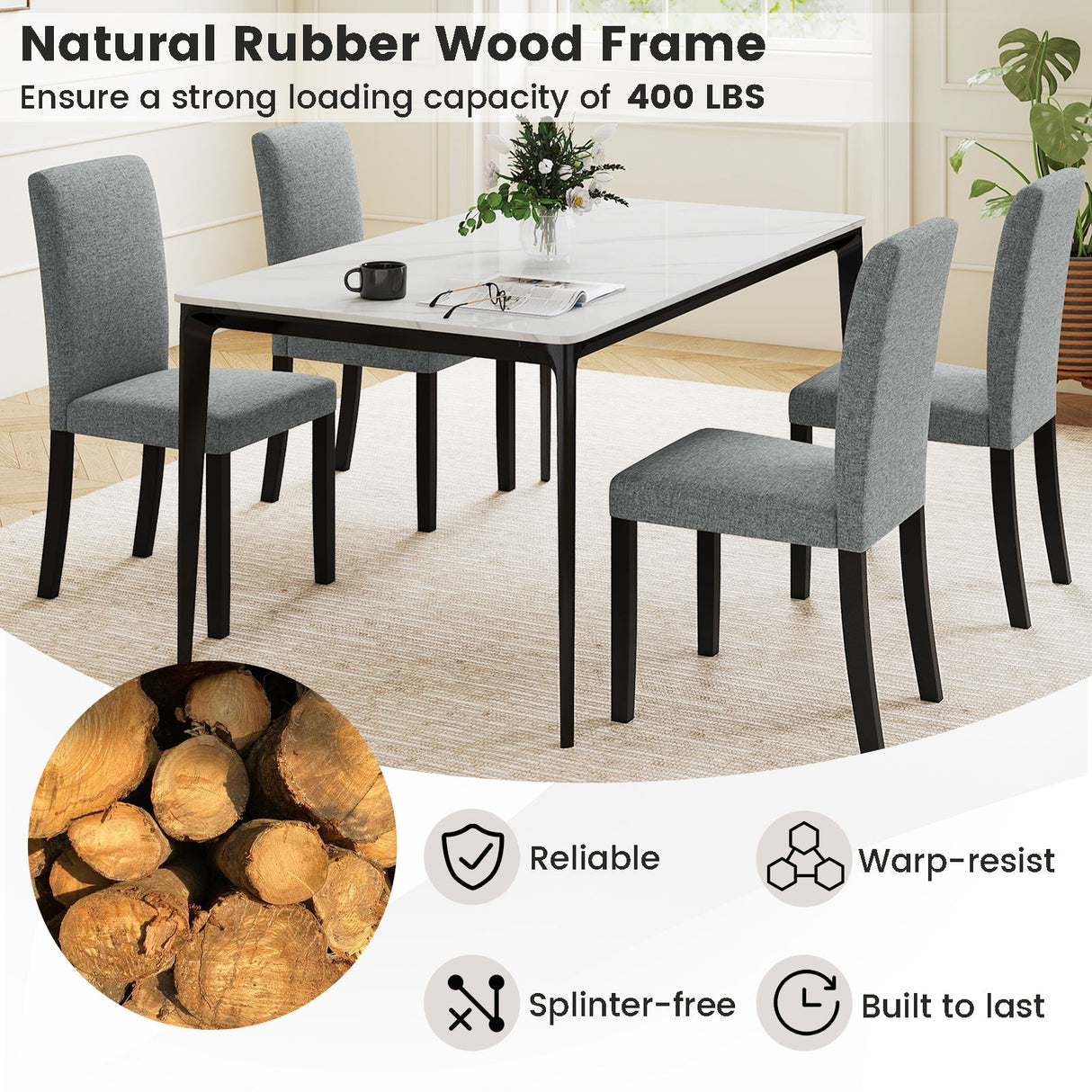 Juego de 2 sillas de comedor modernas de mediados de siglo con patas de madera de caucho - Gris