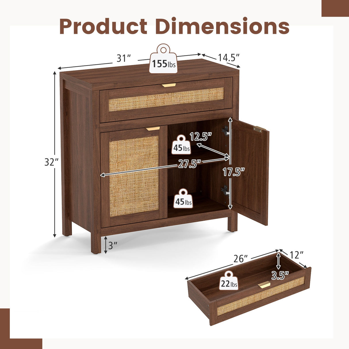 Mueble aparador con puertas de ratán y cajón - Marrón
