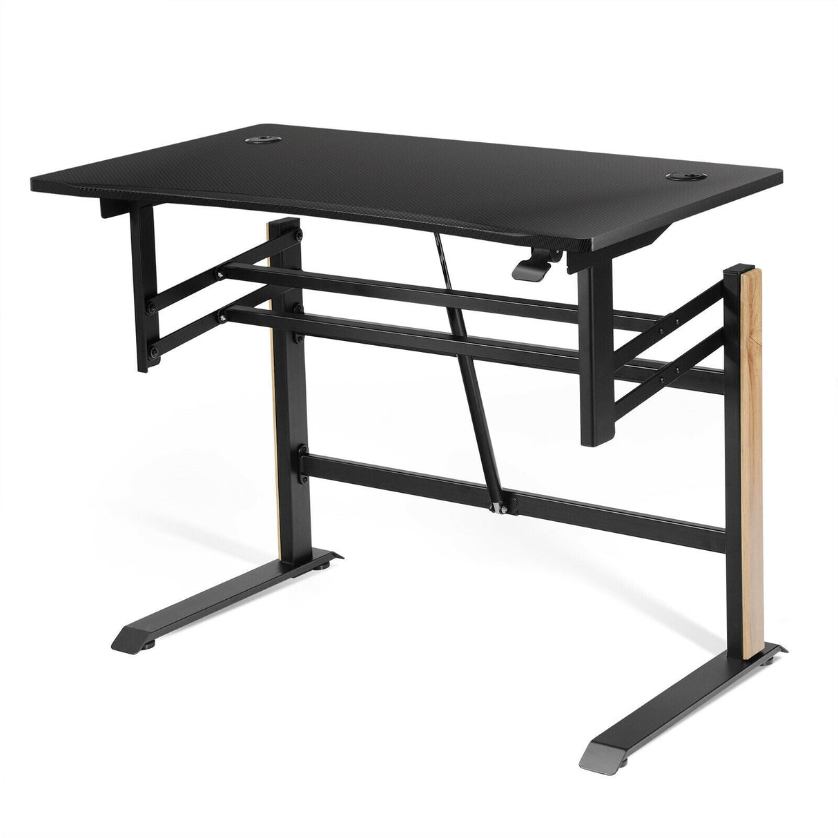 Escritorio de juegos neumático de altura ajustable en forma de T con bandeja para regleta - Negro