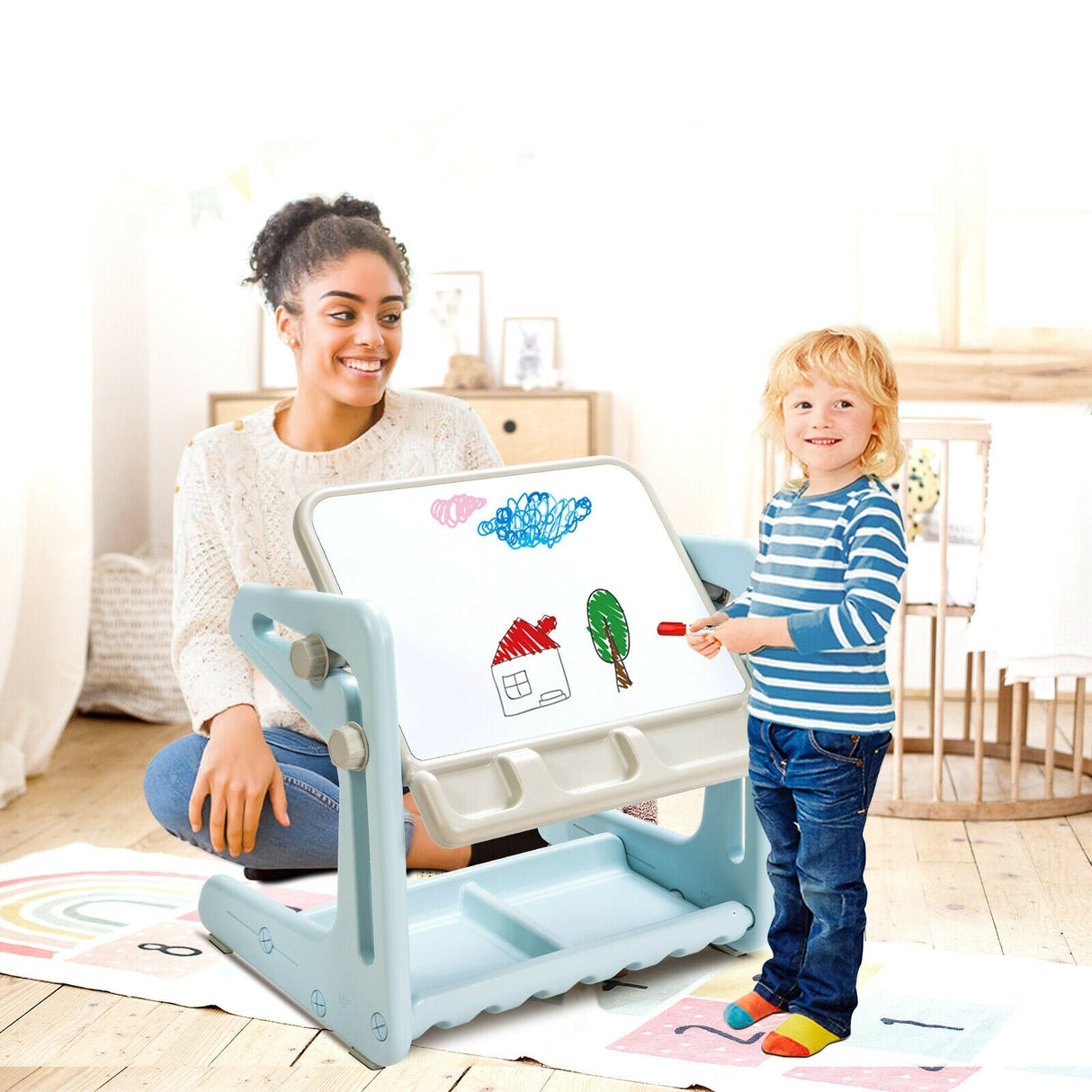 Set de mesa y silla para niños 2 en 1 con caballete y tablero de pintura artística ajustable