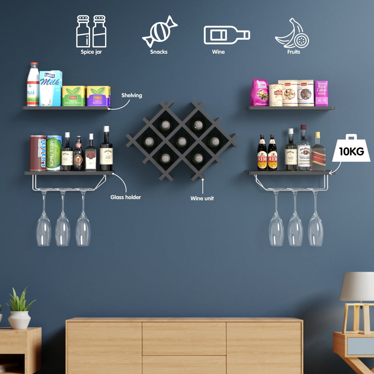 Juego de 5 botelleros de pared con estantes de almacenamiento