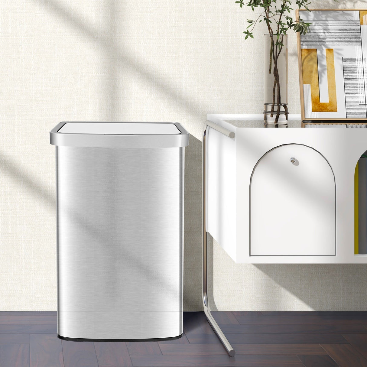 Cubo de basura automático de 13 galones con sensor de movimiento infrarrojo rectangular-Plateado