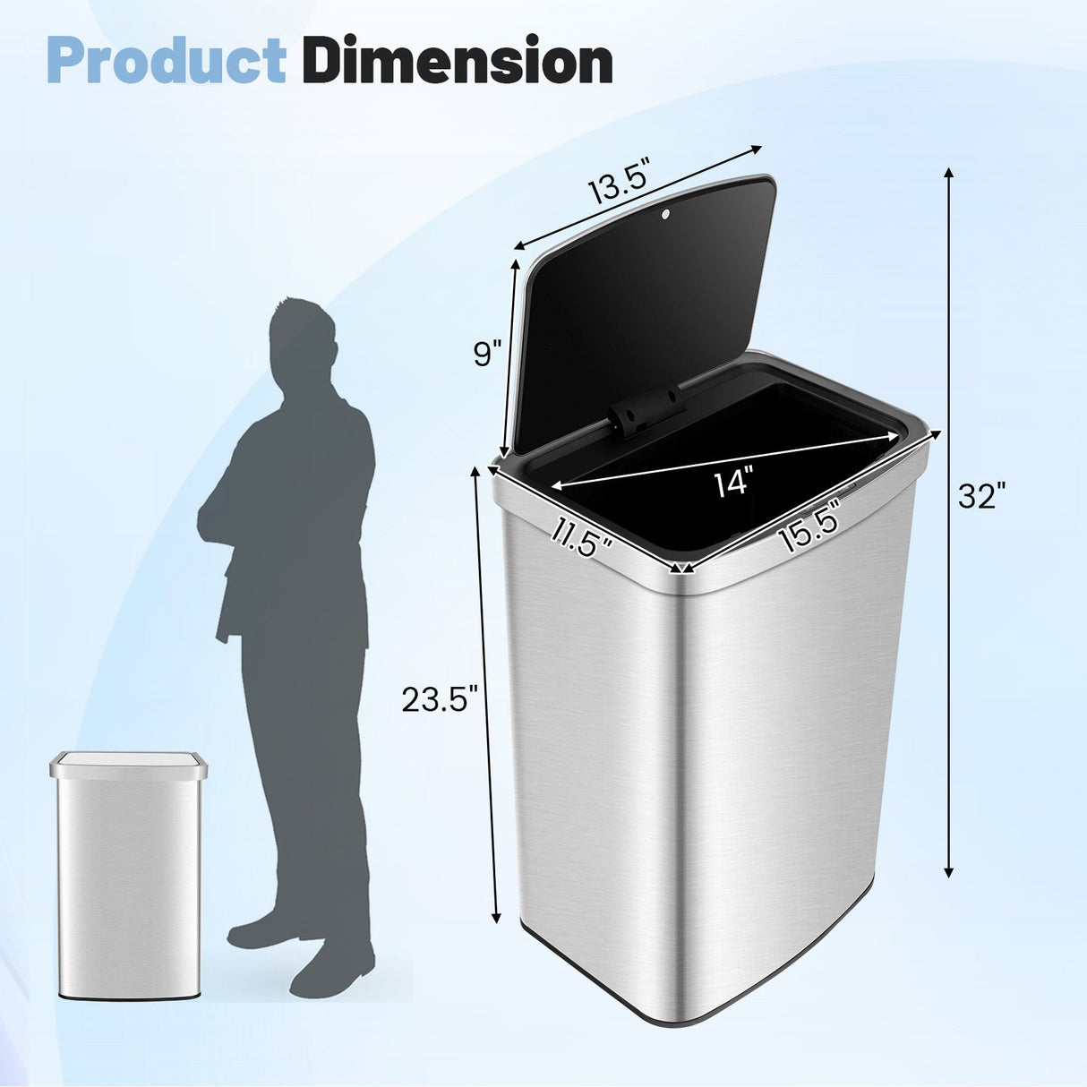 Cubo de basura automático de 13 galones con sensor de movimiento infrarrojo rectangular-Plateado