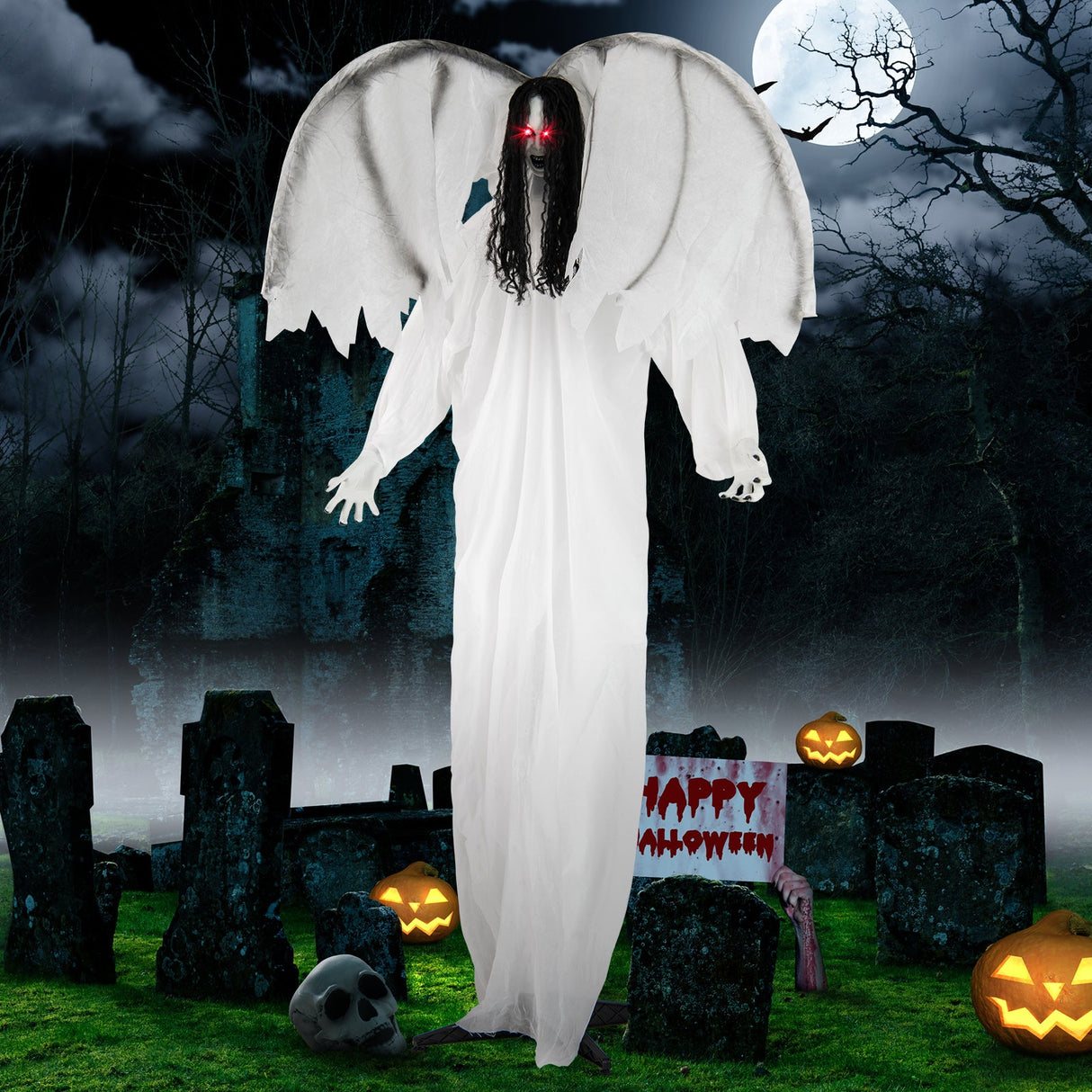 Ángel animatrónico de Halloween de 2 metros con ojos luminosos activados por sonido y alas aleteantes