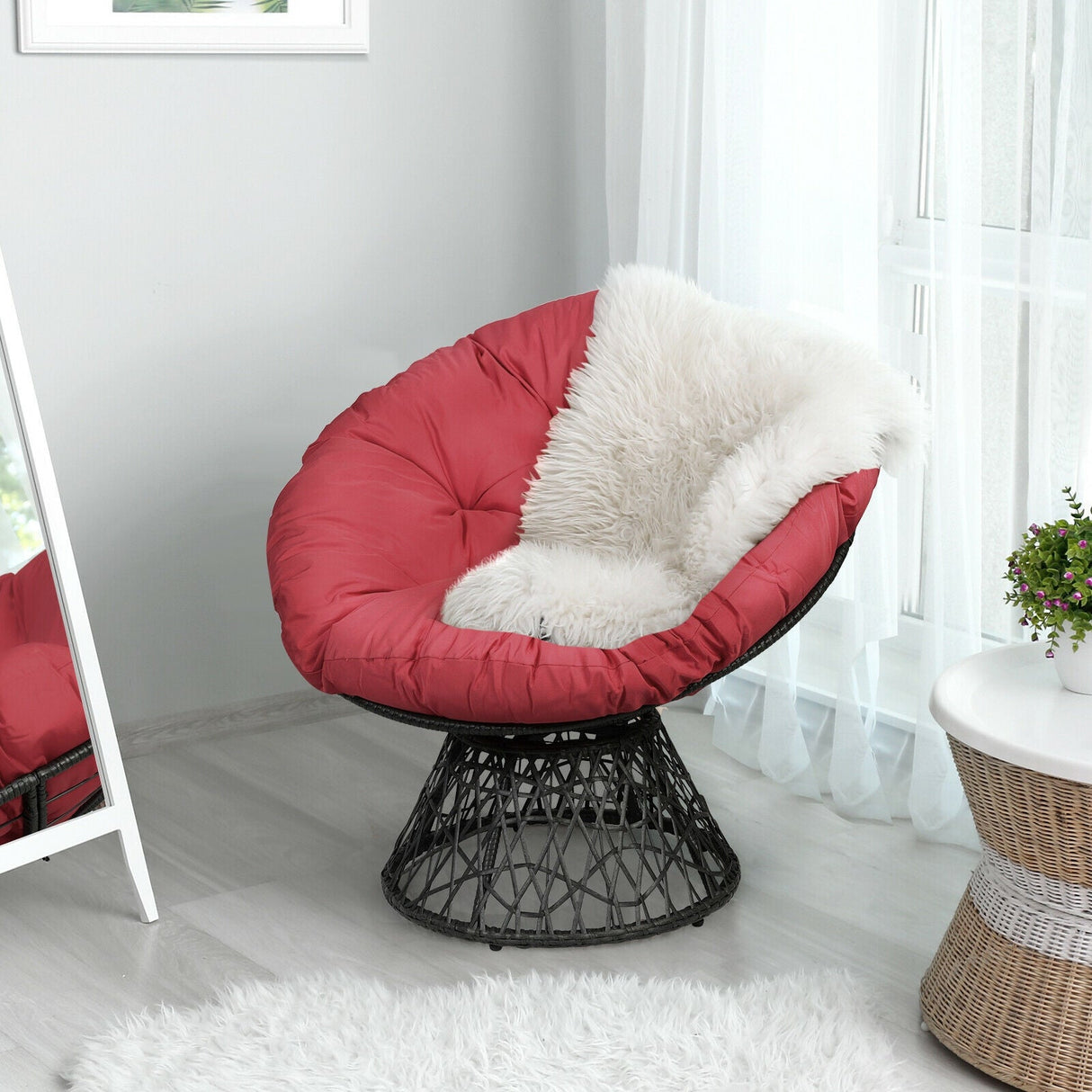 Sillón Papasan de Ratán Ergonómico Giratorio 360 Grados Cojín Suave para Jardín