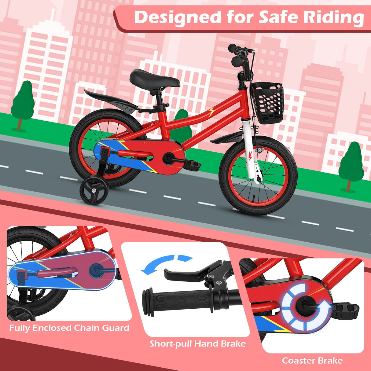 Bicicleta Infantil de 14 Pulgadas Roja con Casco Azul y Set Protector