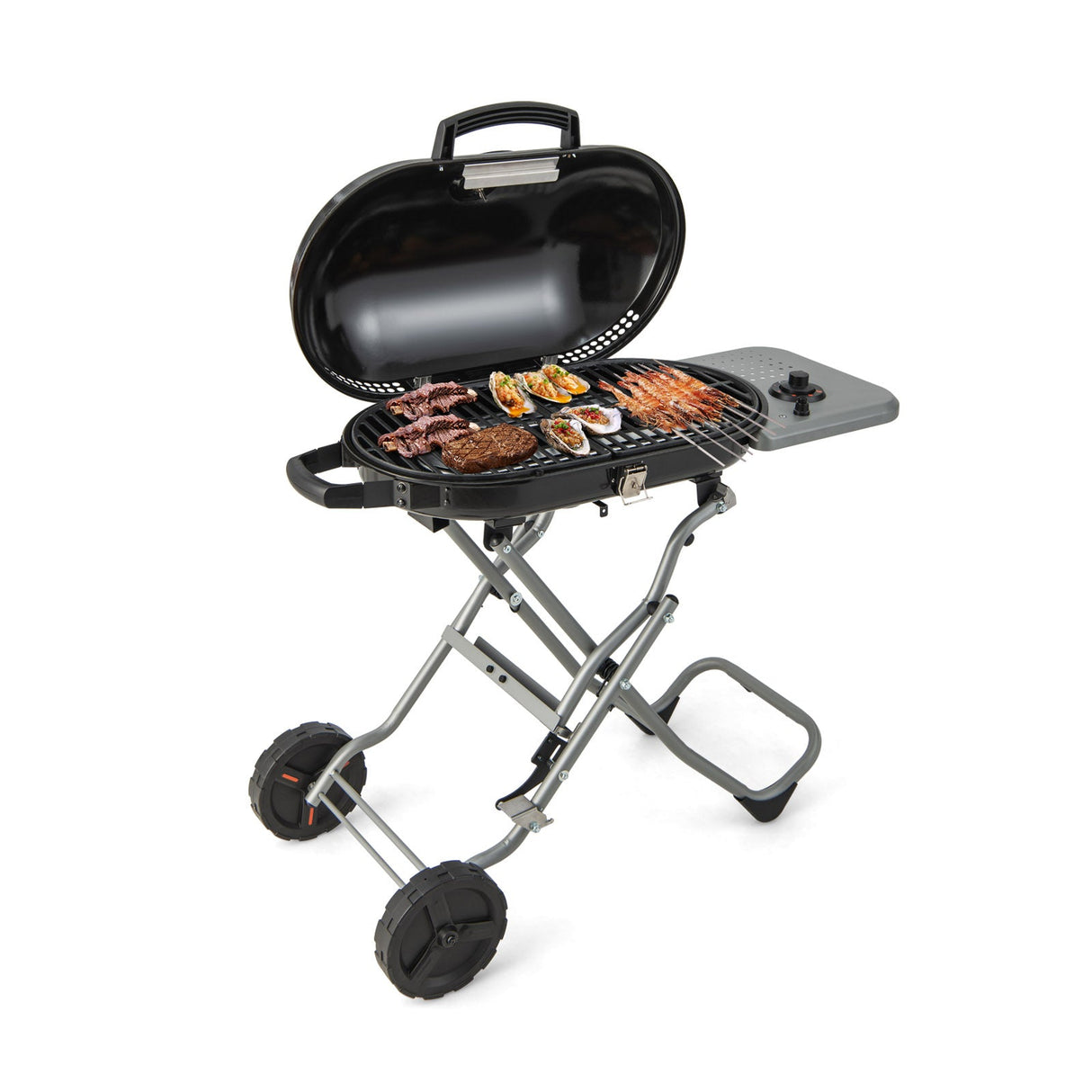 Parrilla de propano portátil para barbacoa de 15000 BTU con ruedas y estante lateral - Negro