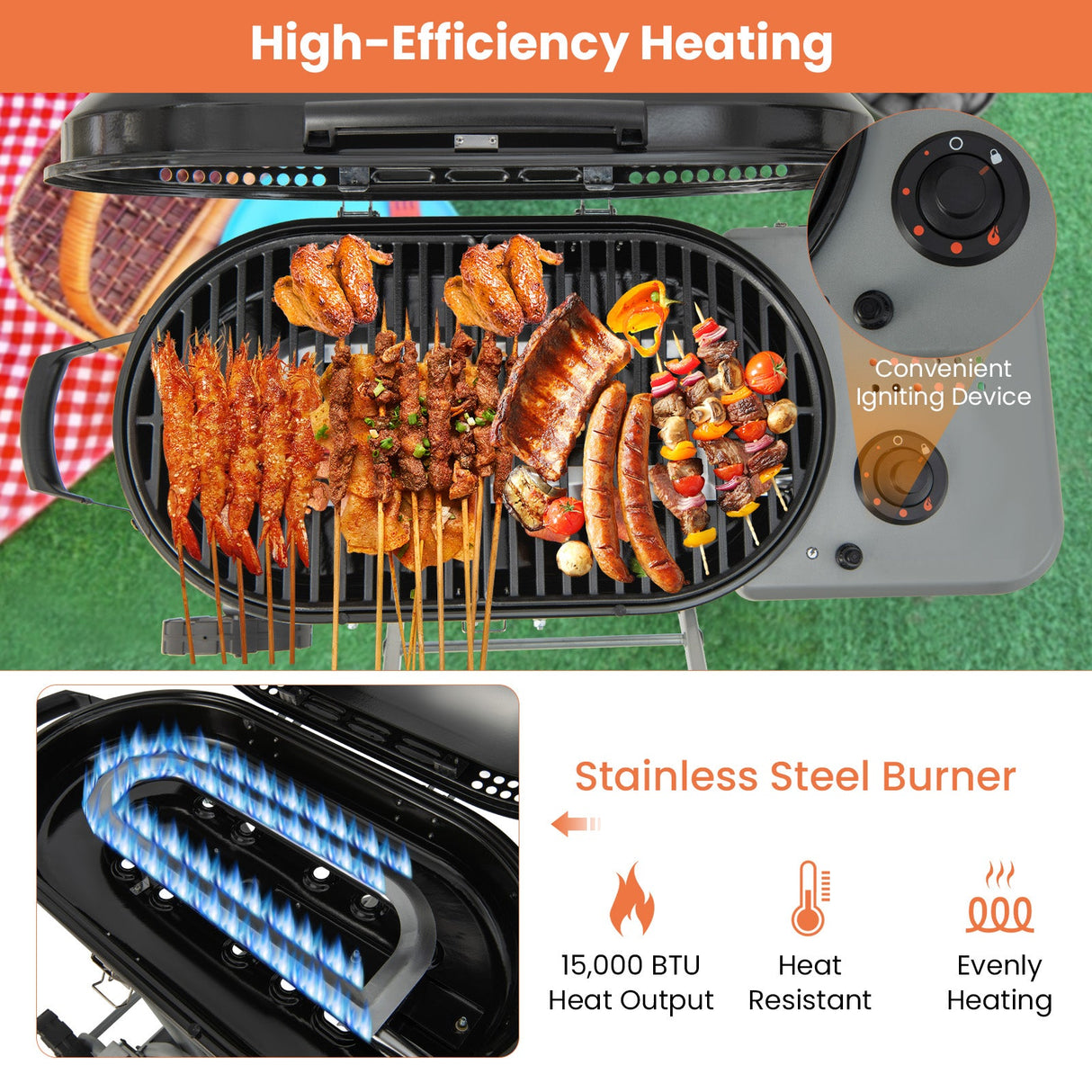 Parrilla de propano portátil para barbacoa de 15000 BTU con ruedas y estante lateral - Negro