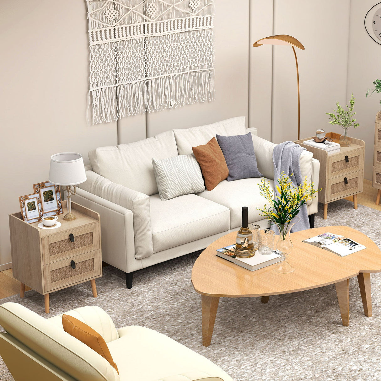 Mesita de Noche Moderna con 2 Cajones Decorados con Ratán