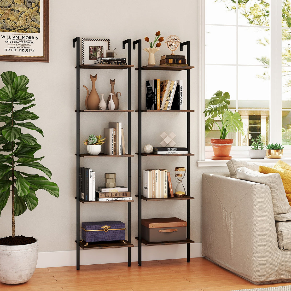 5 Tier Wall Mount Ladder Shelf with Anti-Tipping Kits for Home Office-Rustic Brown