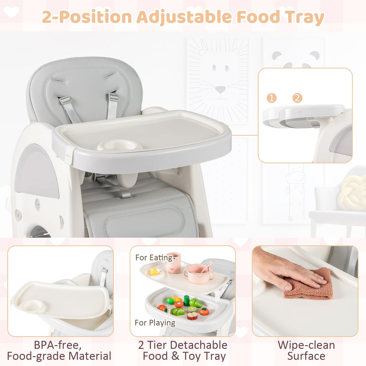 Trona convertible para bebé con bandeja de doble capa y respaldo ajustable