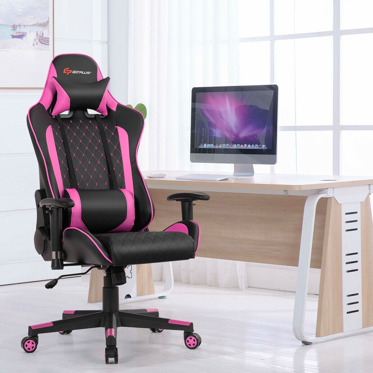 Silla de juego con masaje, soporte lumbar y reposacabezas
