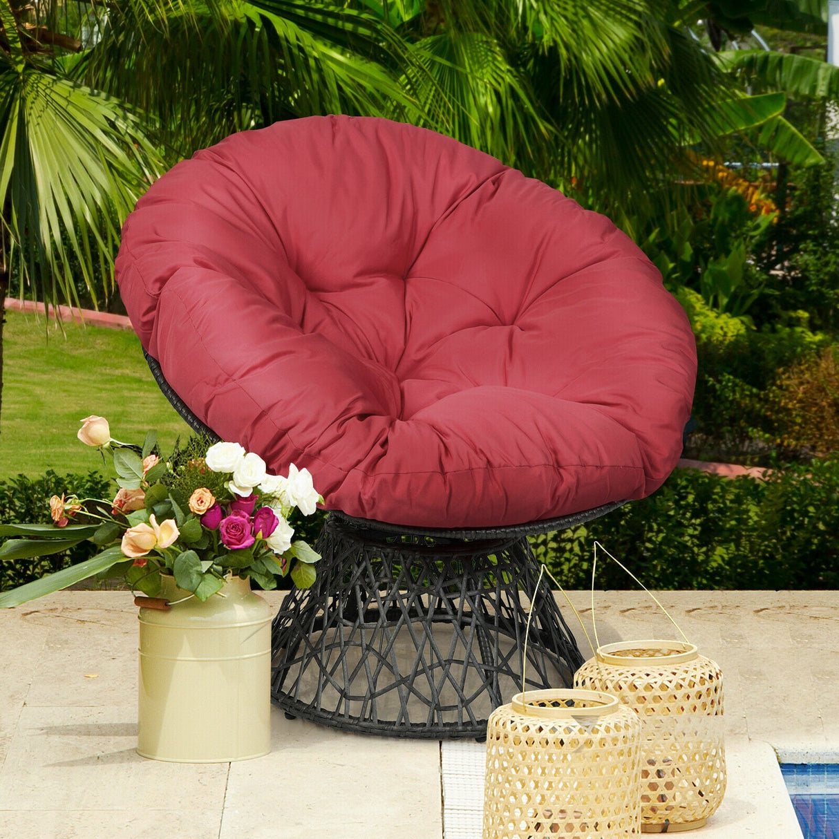Sillón Papasan de Ratán Ergonómico Giratorio 360 Grados Cojín Suave para Jardín