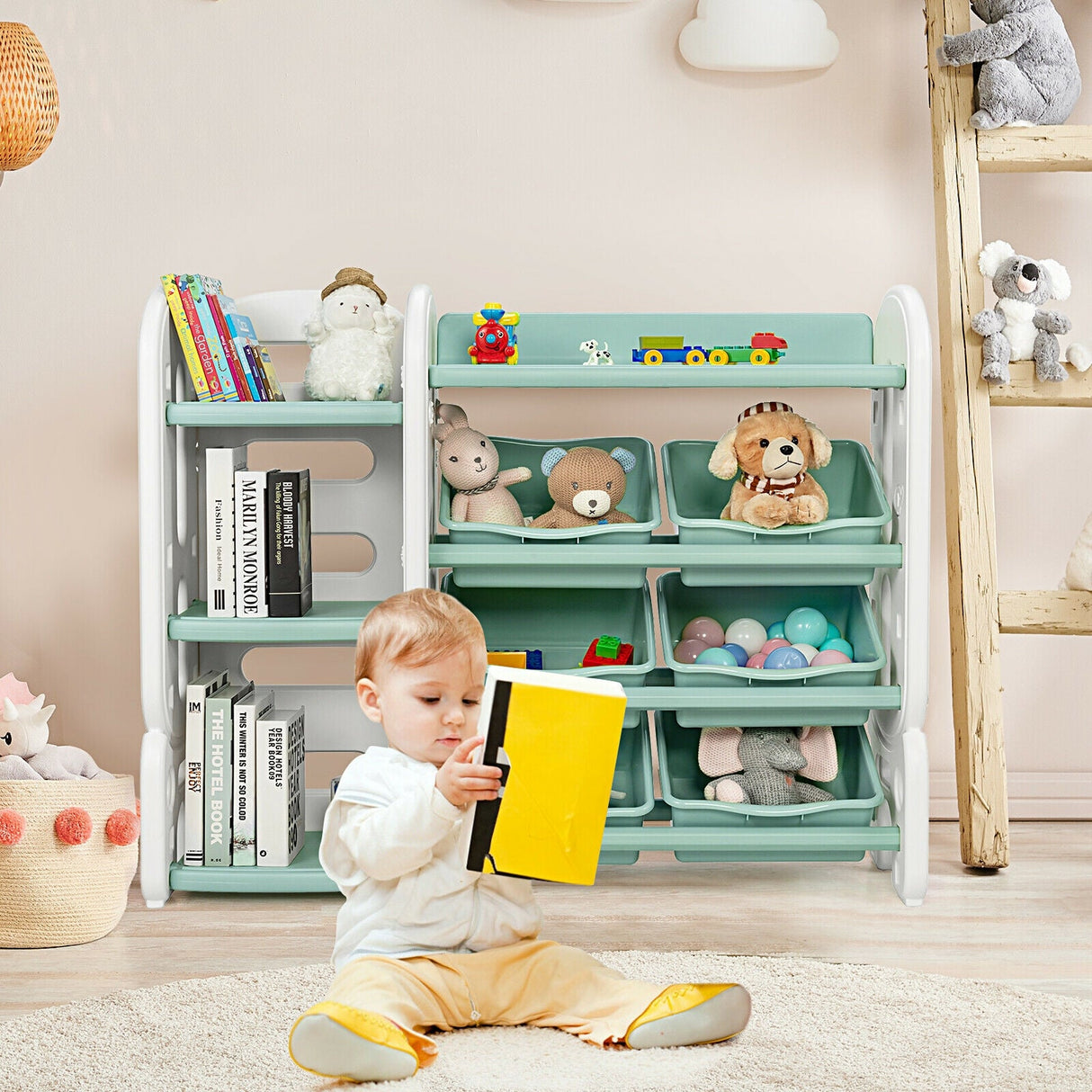 Organizador de almacenamiento de juguetes para niños con cubos y estante multicapa para dormitorio o sala de juegos