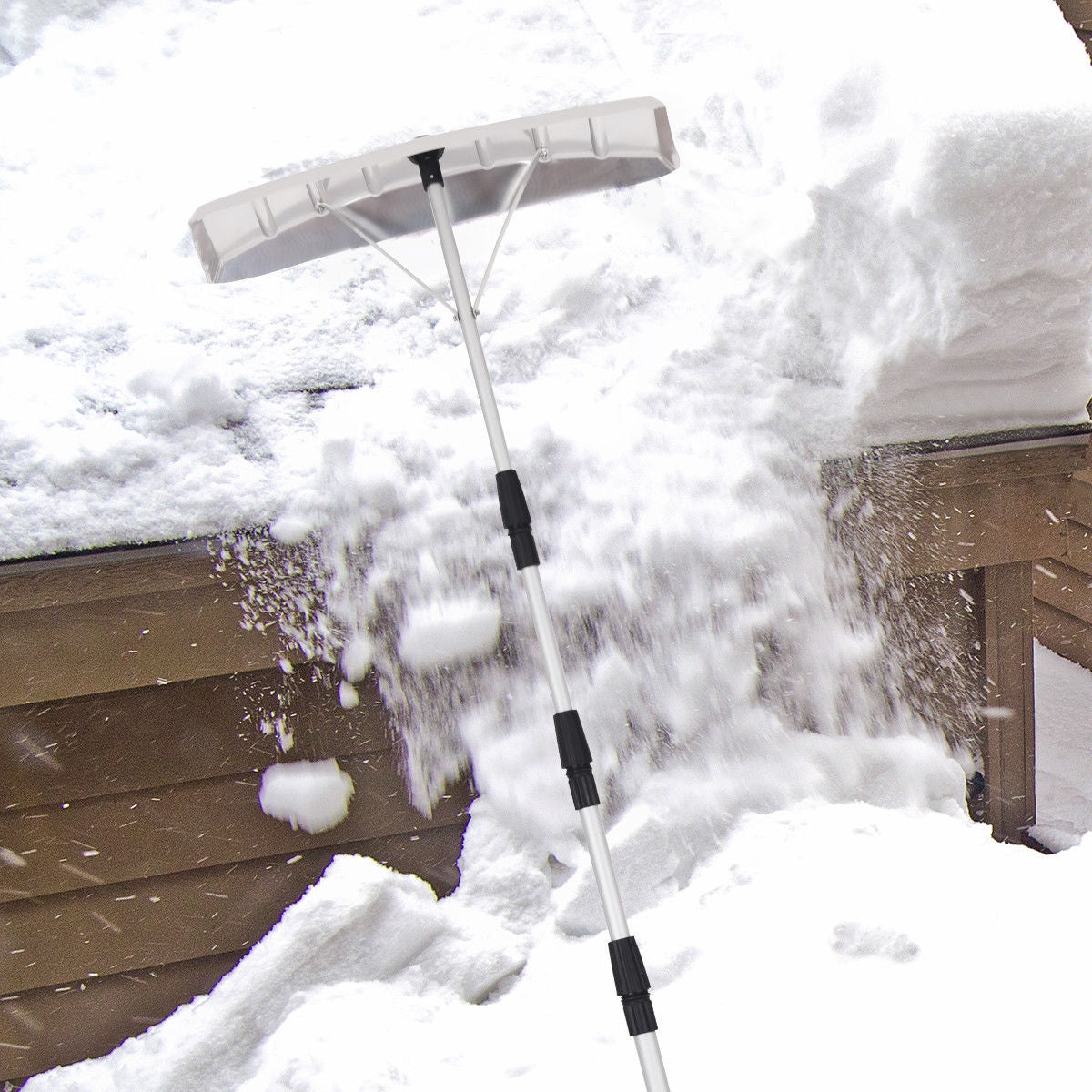 Rastrillo Telescópico de Aluminio de 21 Pies para Nieve en Techos con Pala de Polipropileno Grande