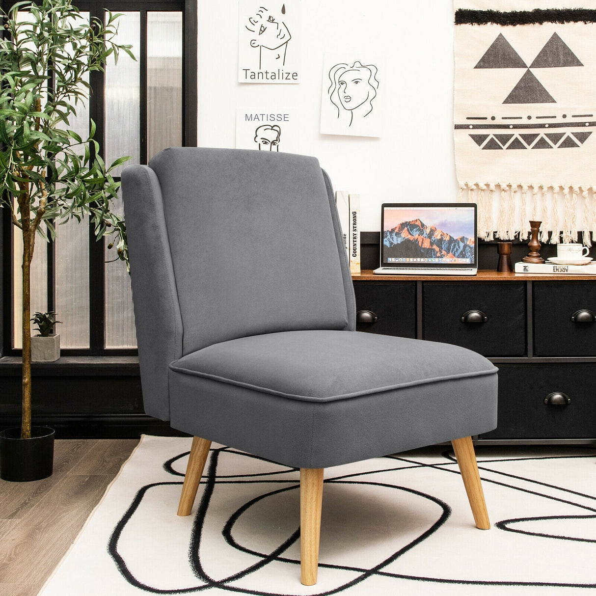 Sillón auxiliar sin brazos de terciopelo con patas de madera de caucho para dormitorio