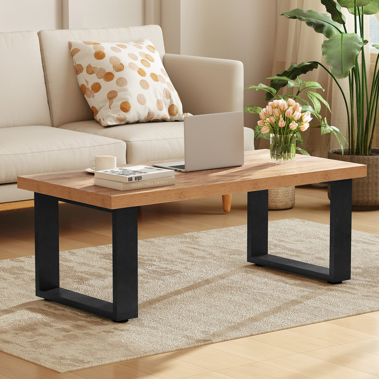 Mesa de centro rústica estilo granja de 47 pulgadas con tablero engrosado y textura de madera natural - Roble