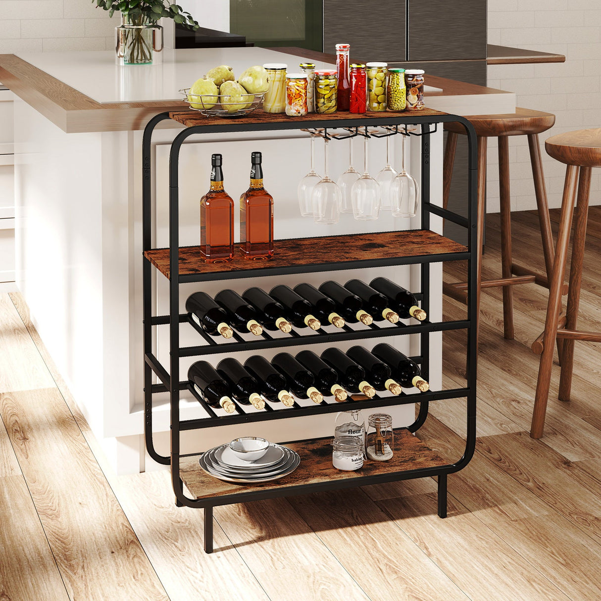 Botellero de 16 botellas con estante de vino de 5 niveles y soportes para copas para barra de cocina - Marrón rústico