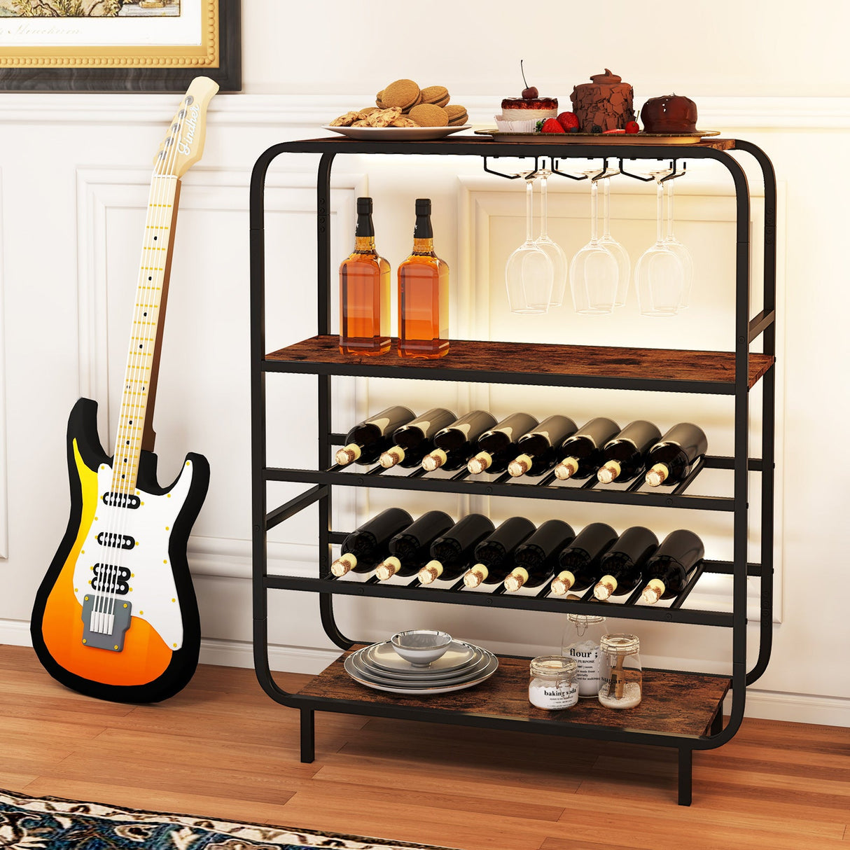 Botellero de 16 botellas con estante de vino de 5 niveles y soportes para copas para barra de cocina - Marrón rústico