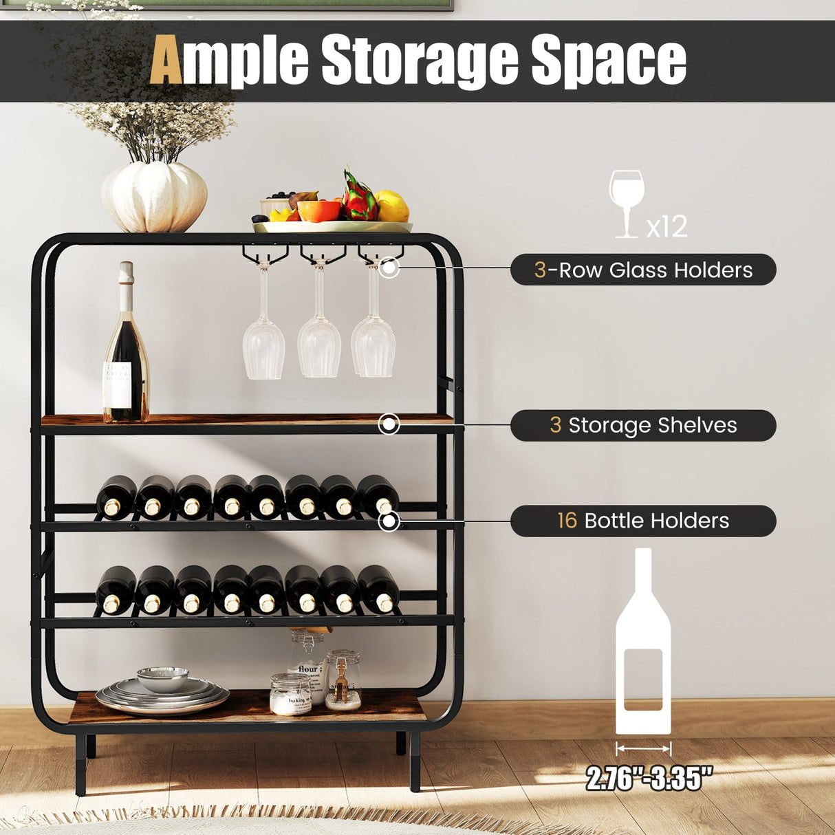 Botellero de 16 botellas con estante de vino de 5 niveles y soportes para copas para barra de cocina - Marrón rústico