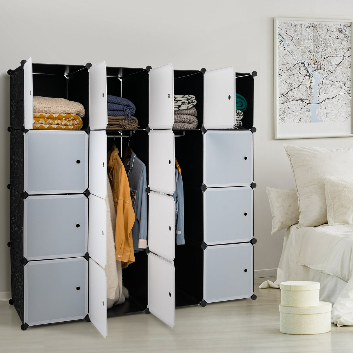 Organizador de almacenamiento de 16 cubos con 16 puertas y 2 barras para colgar - Negro