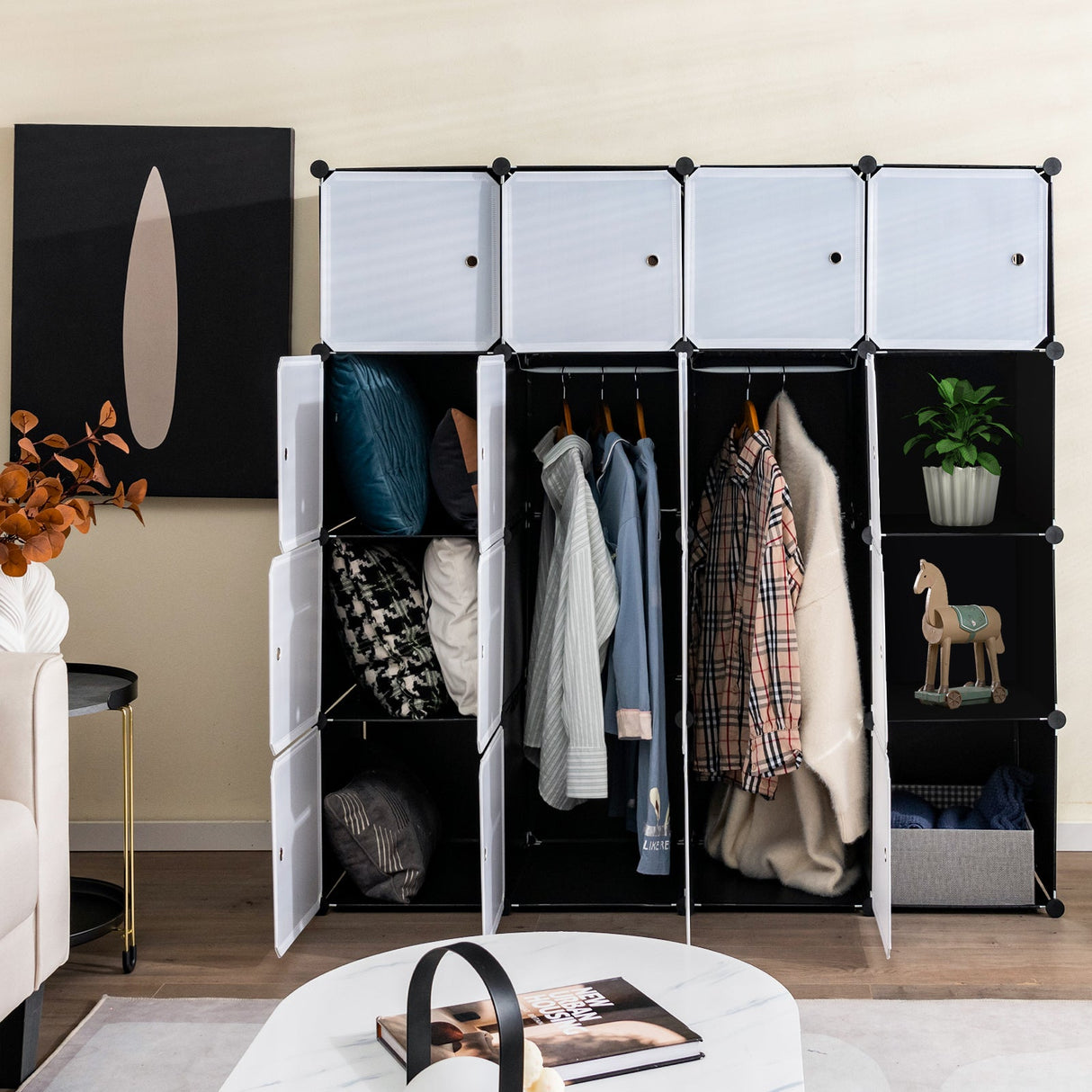 Organizador de almacenamiento de 16 cubos con 16 puertas y 2 barras para colgar - Negro