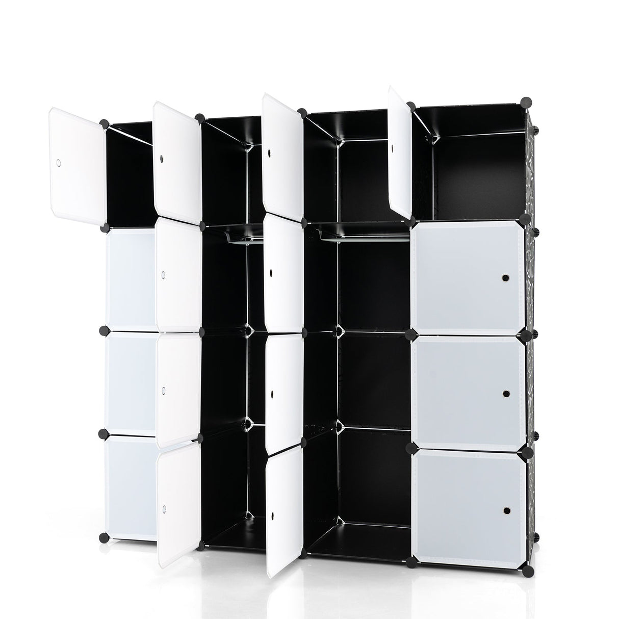Organizador de almacenamiento de 16 cubos con 16 puertas y 2 barras para colgar - Negro