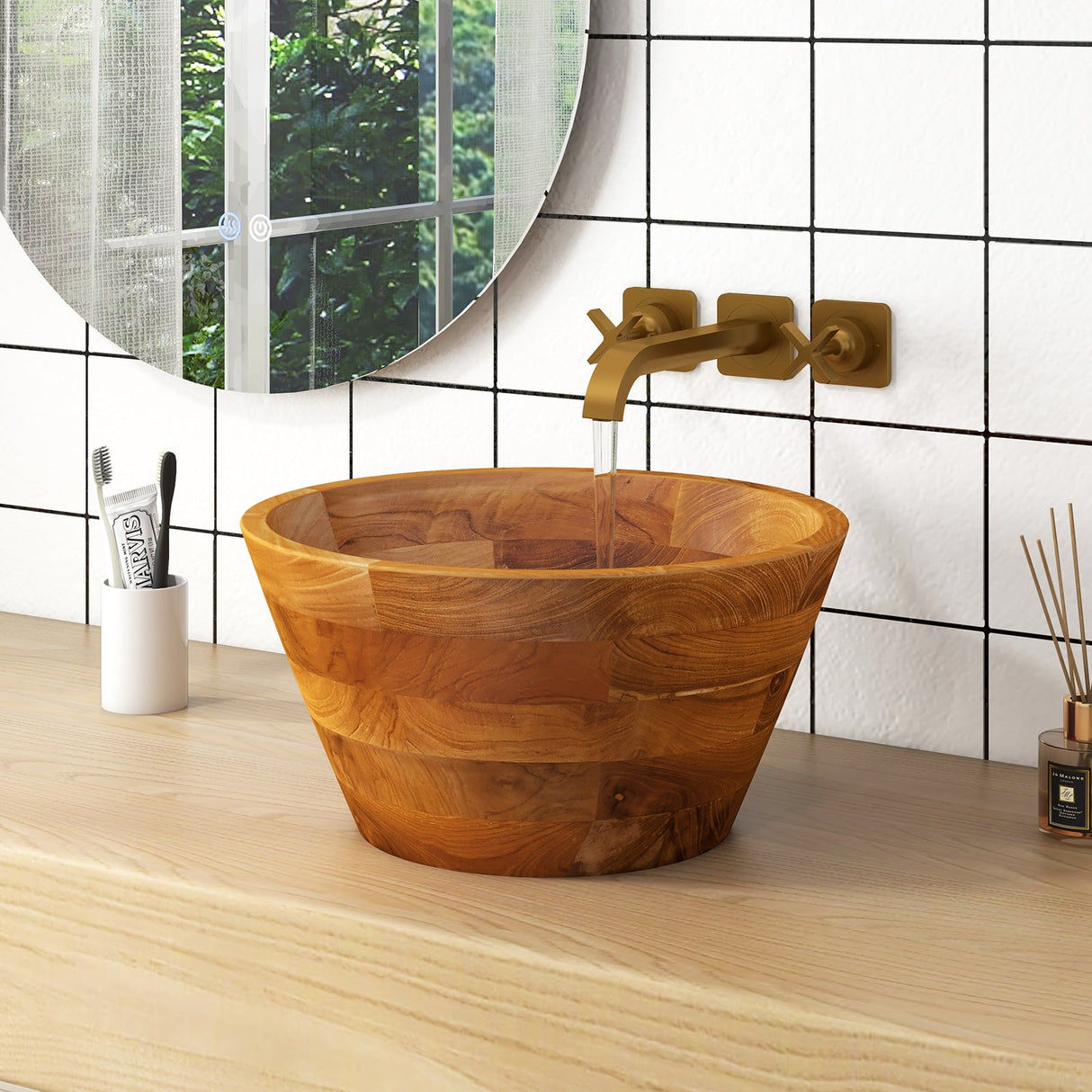Lavabo de madera de teca de 16 pulgadas con orificio de drenaje y acabado liso