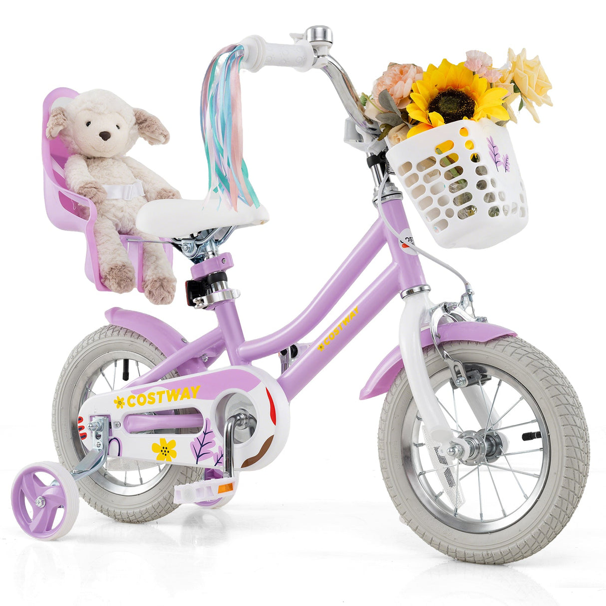 Bicicleta para niñas de 18 pulgadas con asiento para muñecas y serpentinas para niños de 4 años
