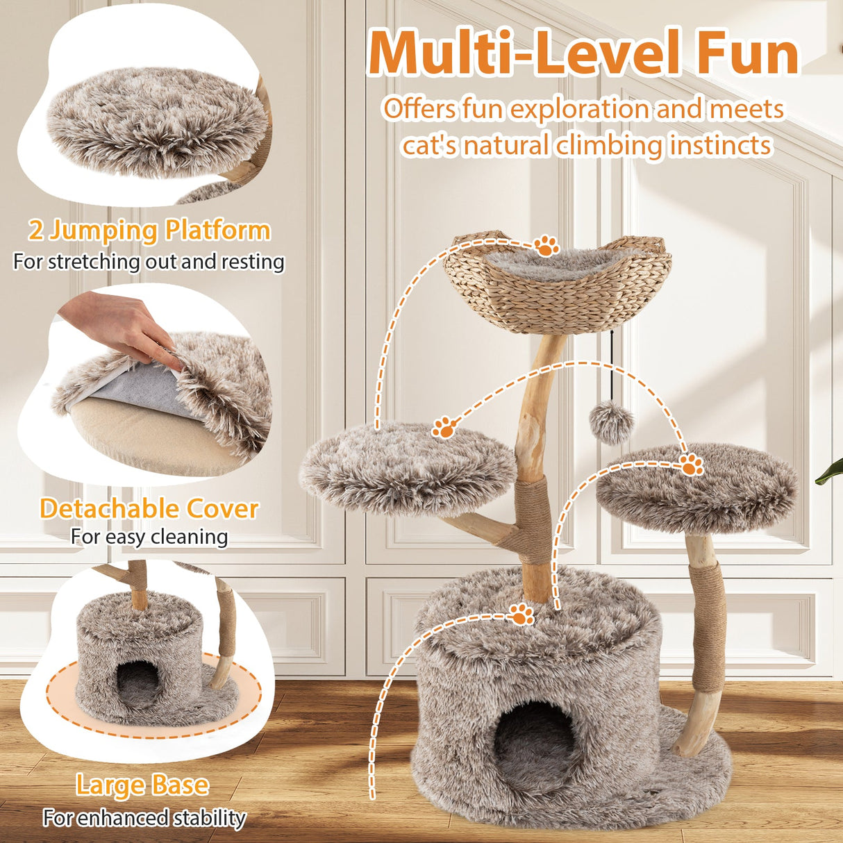 Árbol para gatos de madera maciza, árbol para gatos de peral con plataforma y postes rascadores de sisal - Marrón