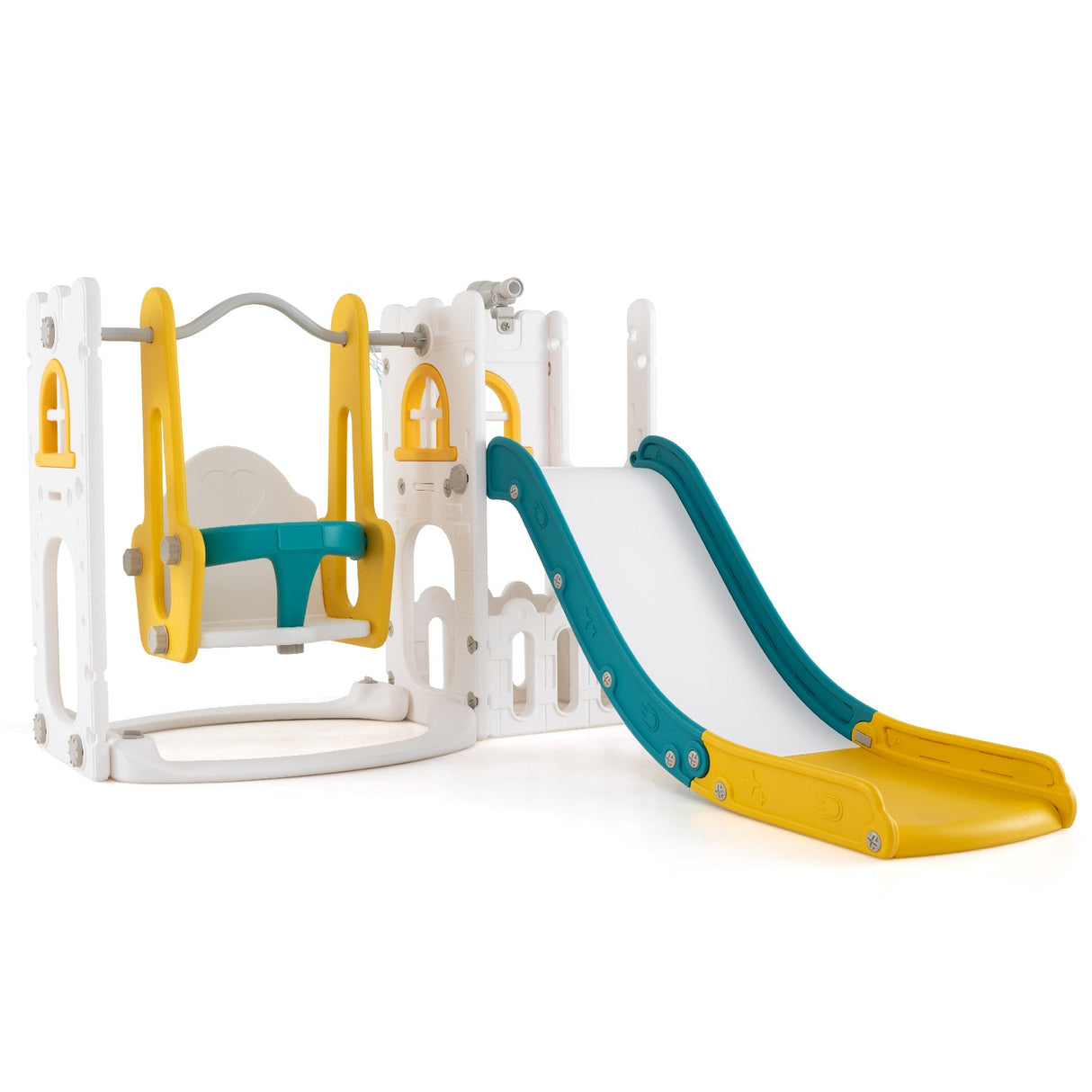 Columpio y tobogán para niños pequeños 7 en 1, en forma de L, con escalera y canasta de baloncesto