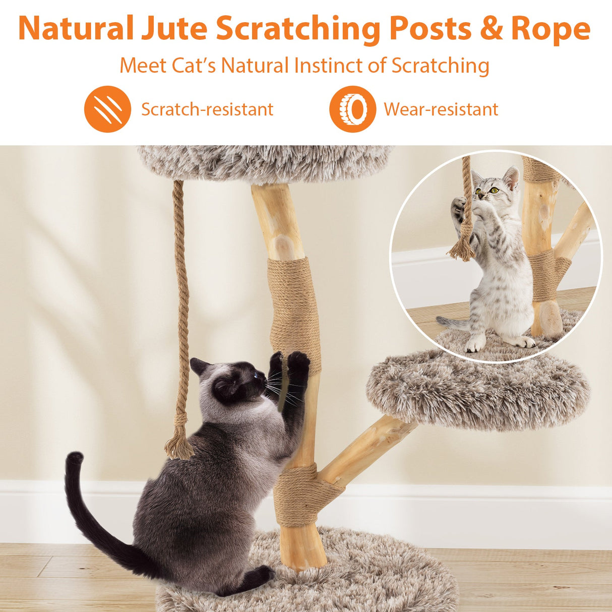 Árbol rascador moderno para gatos de madera con percha y postes rascadores de yute natural - Marrón